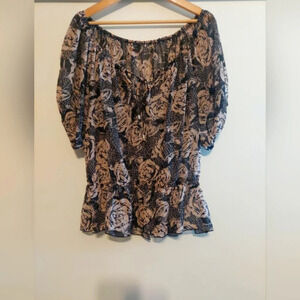 Guess Womens Puff Sleeve semi sheer boho floral Printed Ruffle top blouse L